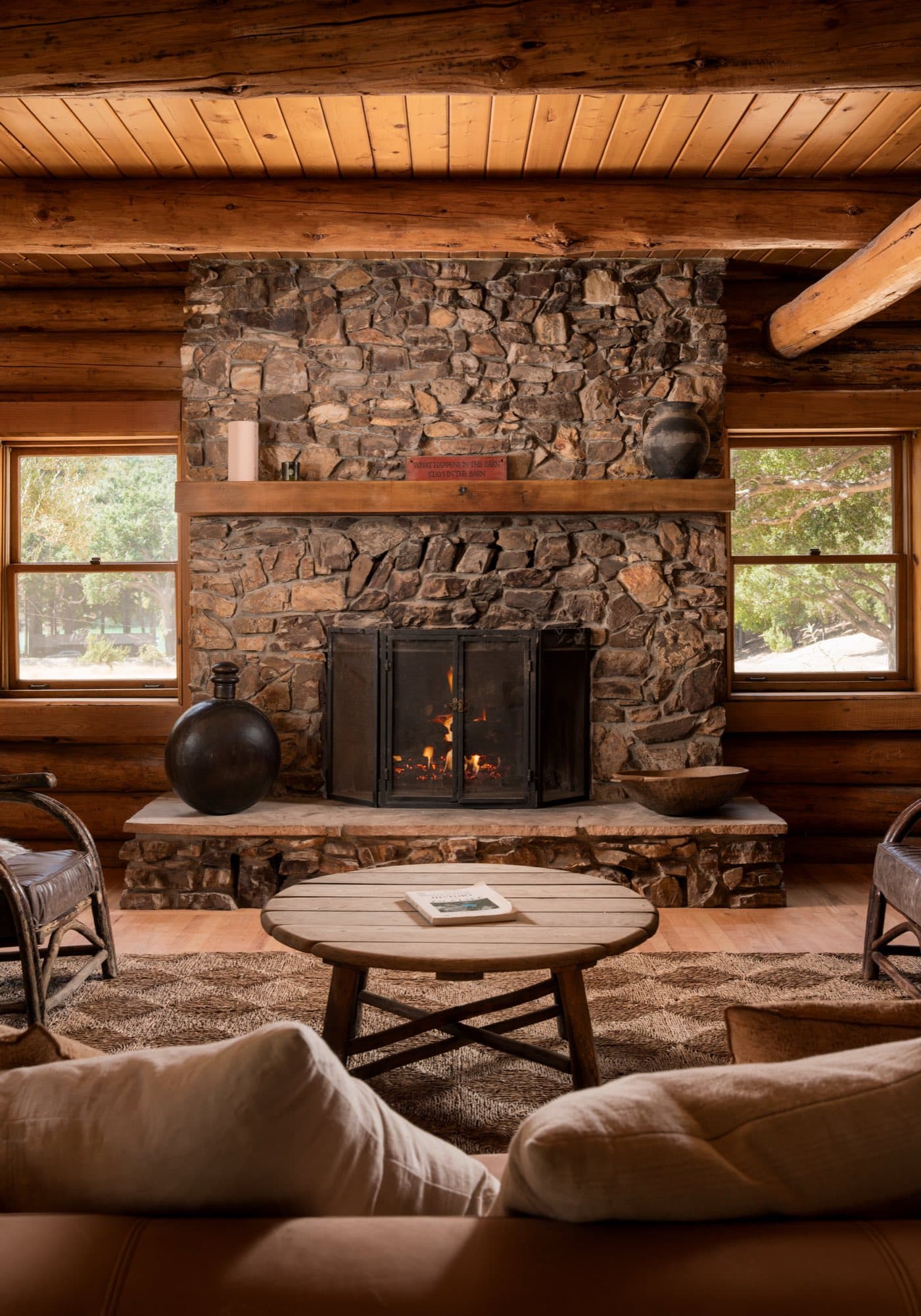 The stone fireplace in the Ranch House