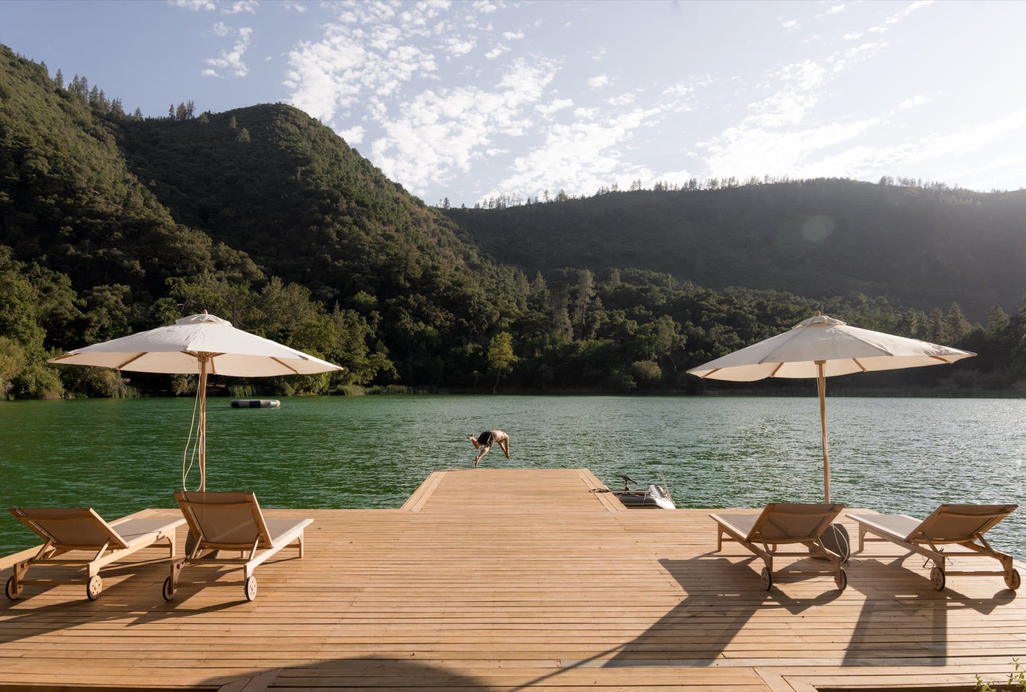 The swim dock and the green water, Zaca Lake