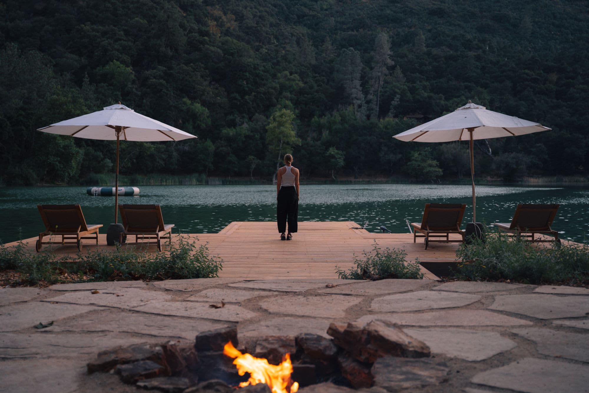 The dock and firepit at dusk, Zaca Lake
